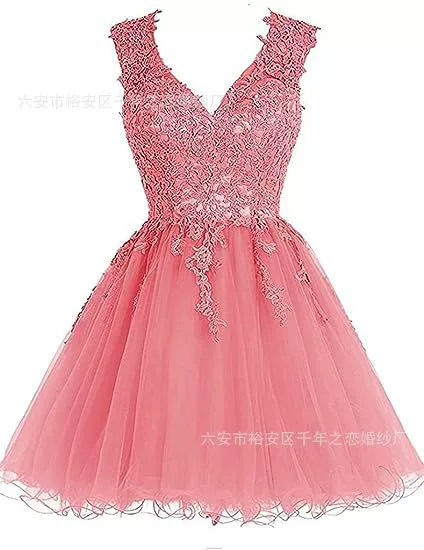 Short thin shiffon lace evening dress, for teenagers, graduation party, V-neckline, backless