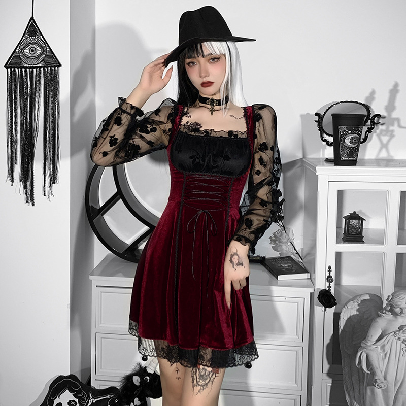 Gothic Style Velvet Contrast Long-Sleeved Dress NSGYB99730