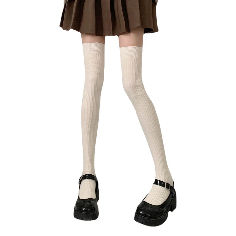 Medias de otoño e invierno calcetines altos japoneses de mujer Rayas verticales japonesas calcetines de muslo negro engrosados calcetines calientes sobre la rodilla para mujer