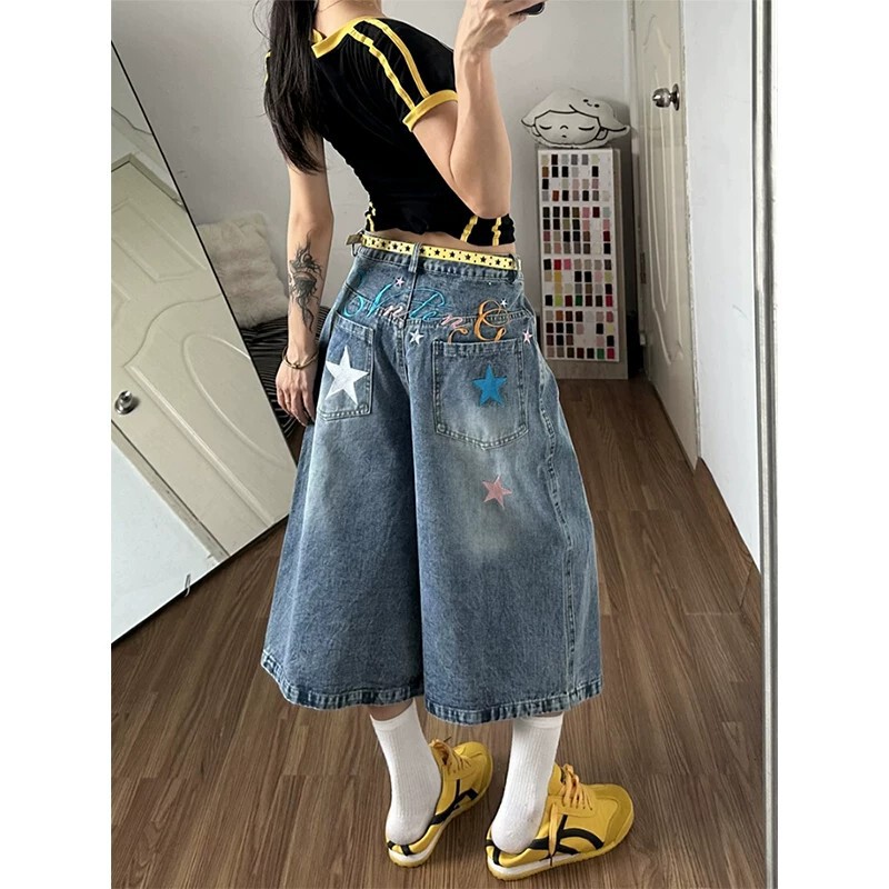 American-Style Loose Washed Embroidered Denim Shorts for Women, 2026 Summer New High-Waisted Straight Wide-Leg Mid-Length Pants, Seven-Quarter Pants