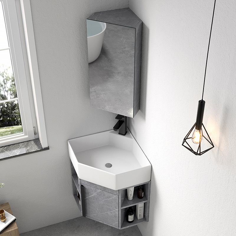 gabinete de lavabo triangular combinado tipo pequeño gabinete de baño de PVC esquina lavabo de pared esquina lavabo