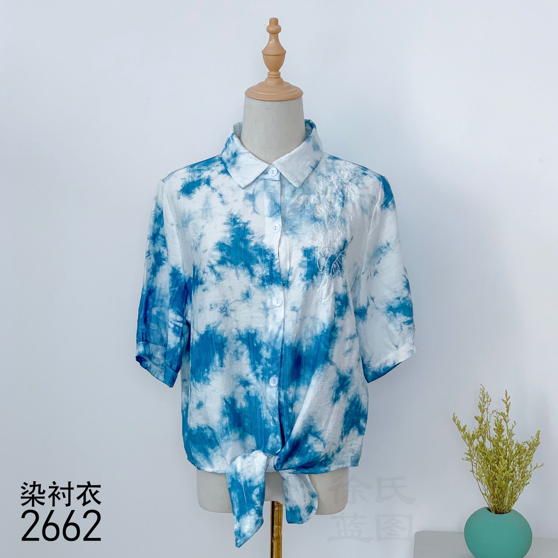 Dali Handmade Tie-Dye Ethnic Style Summer Women's Shirt Fashion Knot Blue Dye Short Sleeve Women's Shirt