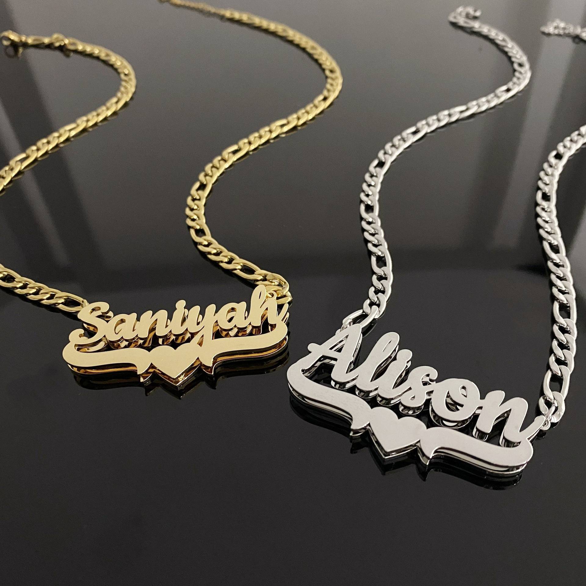 Personalised Double Layer Nameplate Necklace Heart Gold And Silver_voghion.com