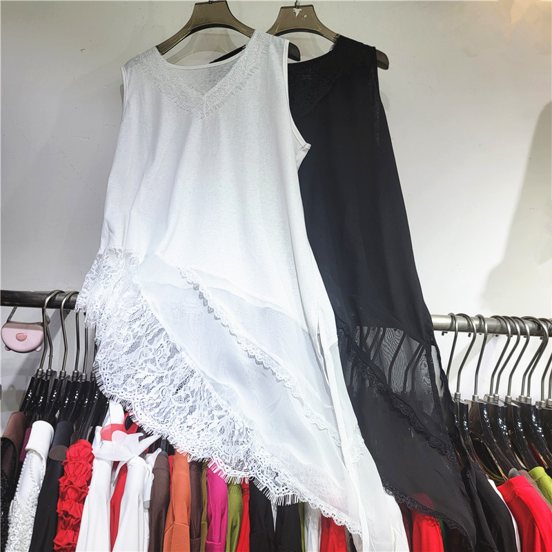 Irregular biselado V-cuello sin mangas chaleco vestido de mujer primavera y verano nuevo encaje de costura medio y largo plegado top image 1
