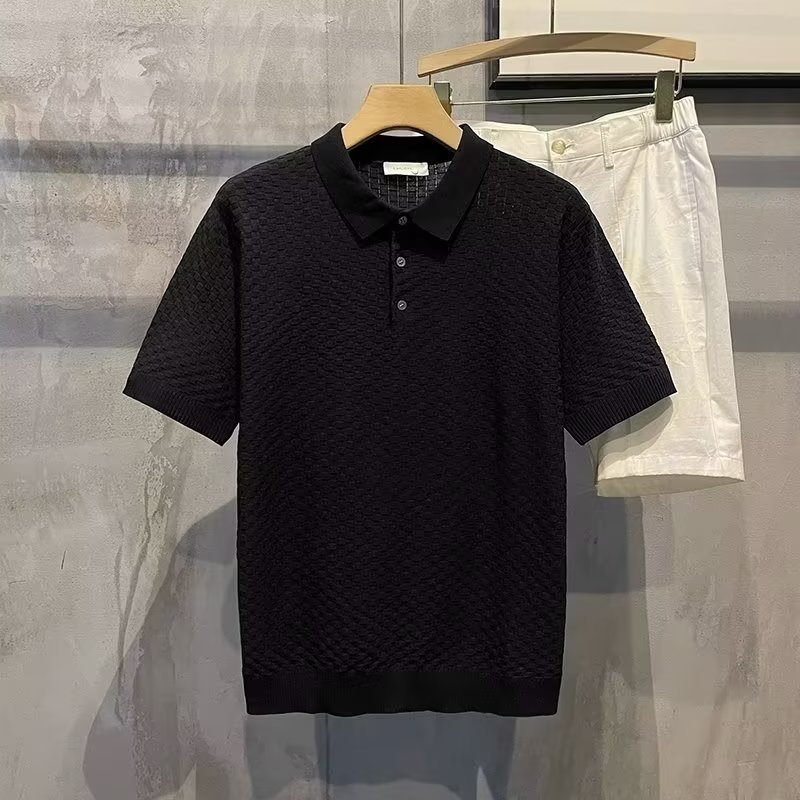 Camisa polar de manga corta elástica de punto de verano 2024, camisa suelta británica de estilo cocido ligero a rayas.