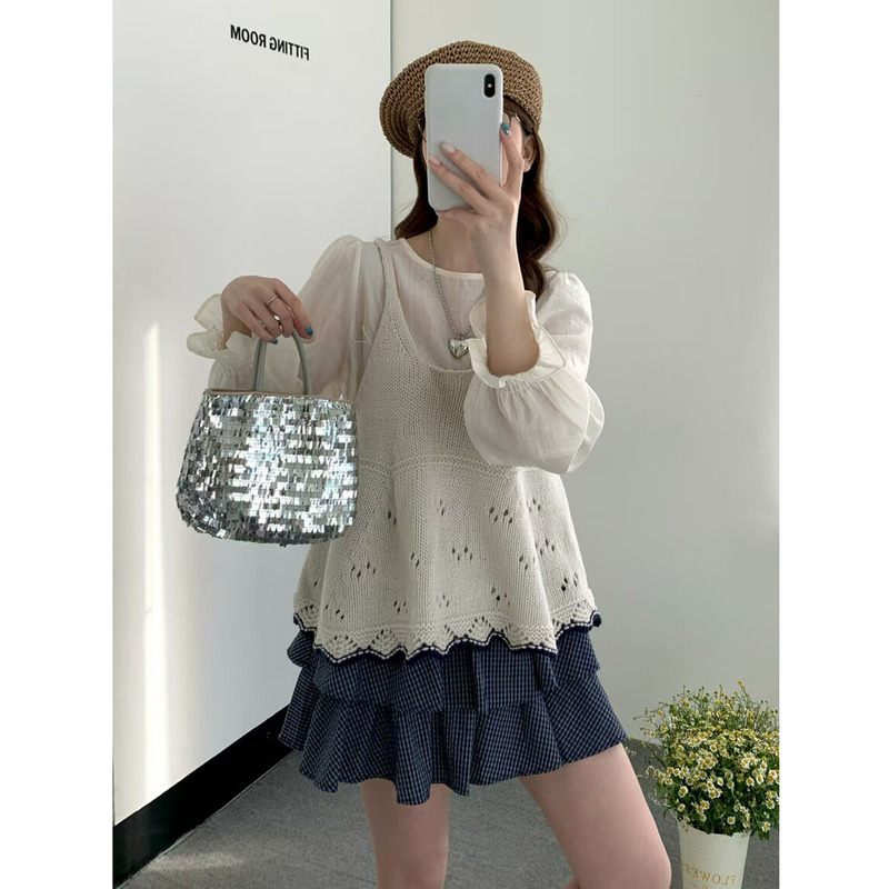 Mushi Korean-Style Skirt-Style Knitted Camisole for Women, Spring Short Outerwear, Loose Sleeveless Sweater Vest M7084 Mushi Korean-Style Skirt-Style Knitted Camisole for Women, Spring Short Outerwear, Loose Sleeveless Sweater Vest M7084