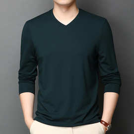 秋季男士桑蚕冰丝大码长袖t恤青年经典V领打底衫纯色内搭上衣新潮