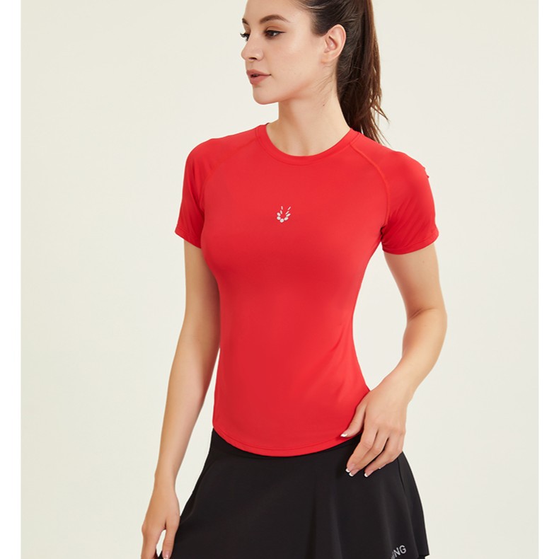 Ropa de ejercicios desnuda para mujeres delgada helada de cuello redondo con mangas de hombro para correr camiseta deportiva delgada ropa de yoga roja en línea