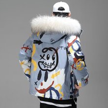 新款涂鸦撞色男女潮牌冬季个性中长款保暖防寒棉服潮流情侣外套