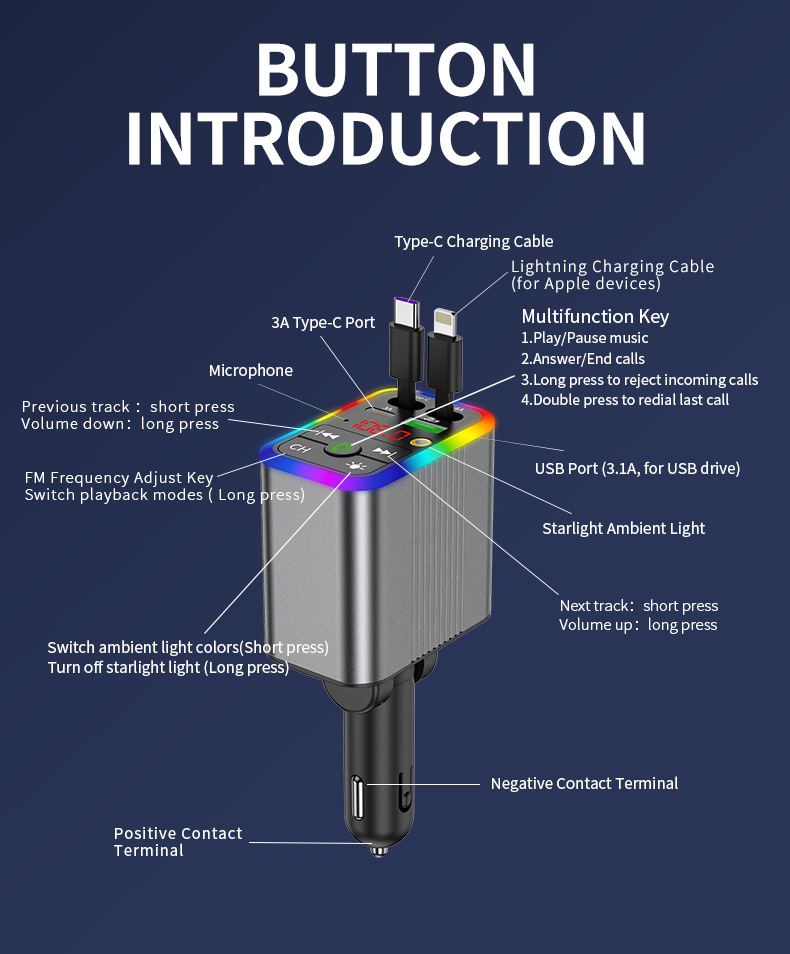 R3 car charger, Bluetooth MP3 receiver, starry sky ambient lighting, built-in retractable cable, fast charging, cross-border supply