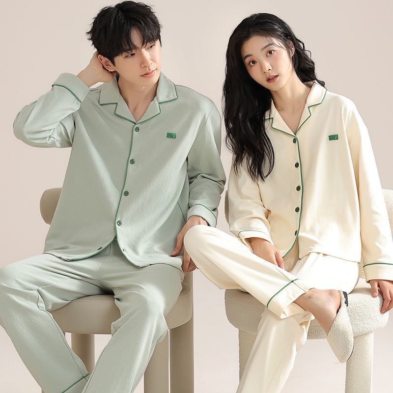 Pajamas de pareja primavera y otoño algodón de manga larga 2024 nuevo un hombre y una mujer coreano conjunto de ropa de casa