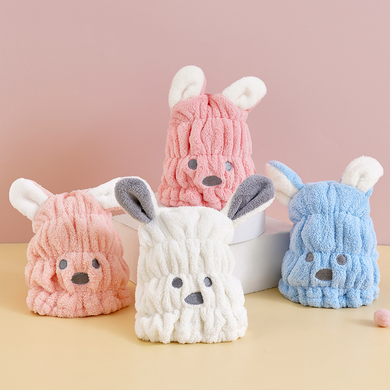 Wholesale coral velvet hair drying cap cute cartoon rabbit absorbent shower cap baby bunny ears turban children's hair drying cap