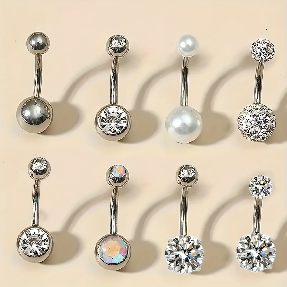 Fashion 8-piece Stainless Steel Simple Zirconia Navel Piercing Set For Daily Wear Easy To Wear_voghion.com