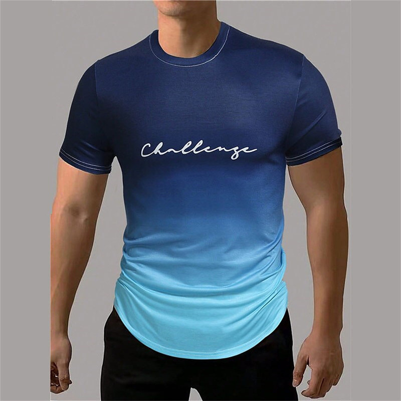 Men's Short-Sleeved Sports T-Shirt 3D Printed Outdoor T-Shirt Loose Large Size Gradient Color Fitness Breathable Top Cross-Border