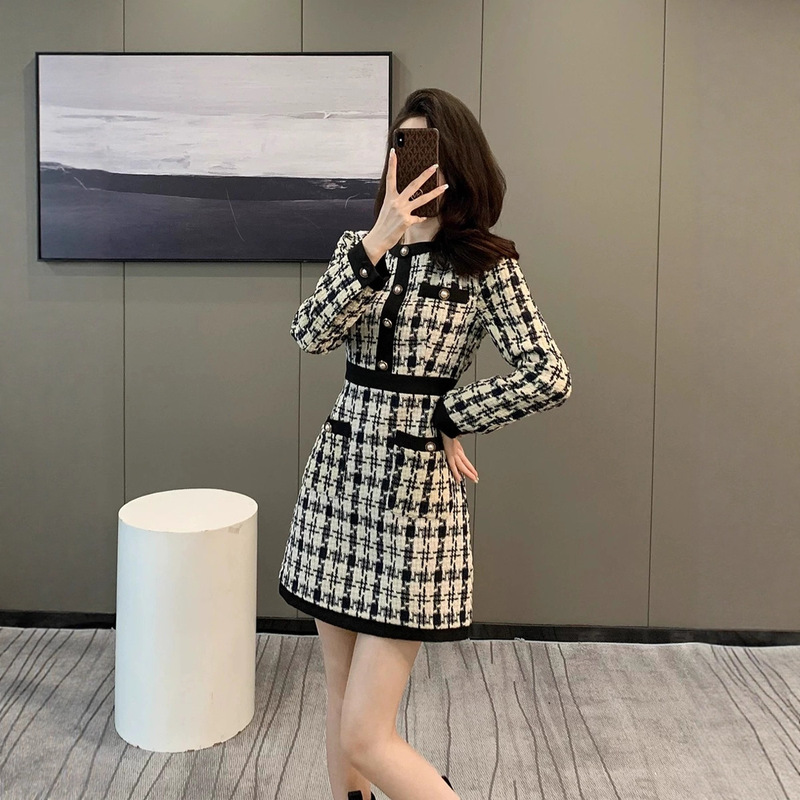 法式小香风格纹连衣裙女秋冬新款富家千金复古高级感收腰显瘦裙子|undefined