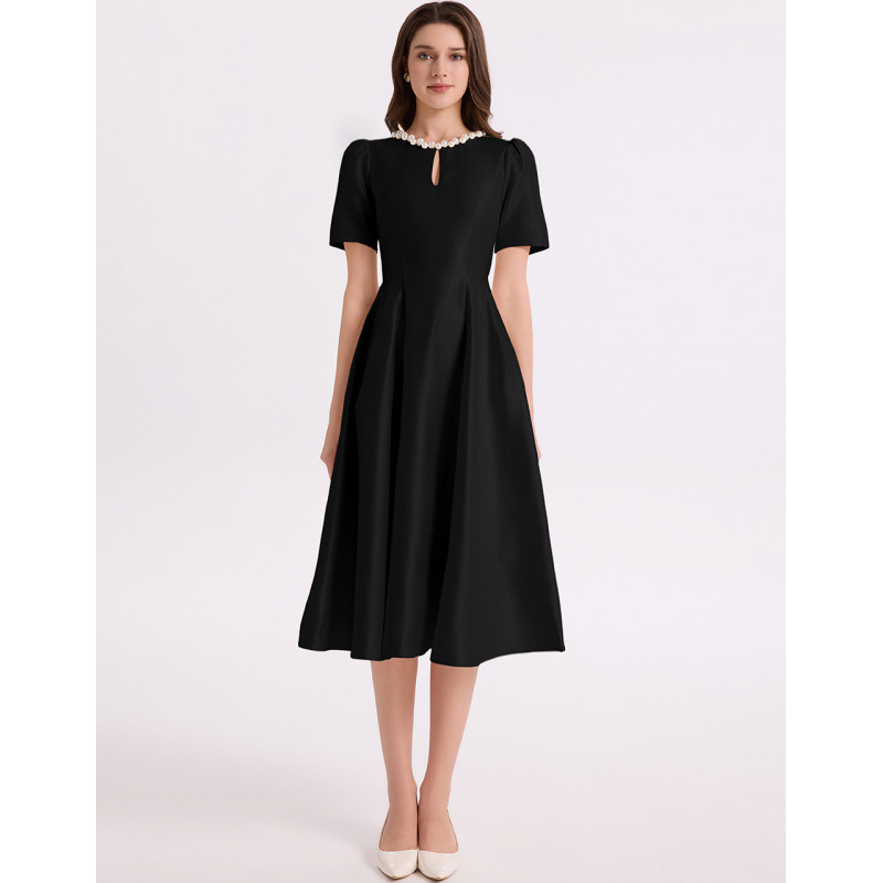 Váy maxi nữ phong cách Pháp Hepburn tay ngắn cổ tròn thắt eo dáng dài — màu đen, màu tím, màu mơ