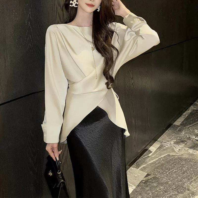 法式设计感缎面长袖衬衫女2026年春季时尚新款小衫洋气独特上衣