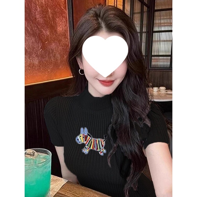 Core-Spun Yarn Rainbow Horse Embroidery Half-High Collar Short-Sleeve Knit Top for Women, Slim-Fit Base Shirt, Early Autumn Black Top