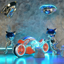 網紅打卡IP美陳不銹鋼貓星機器車模雕塑擺件商場創意太空人小夜燈