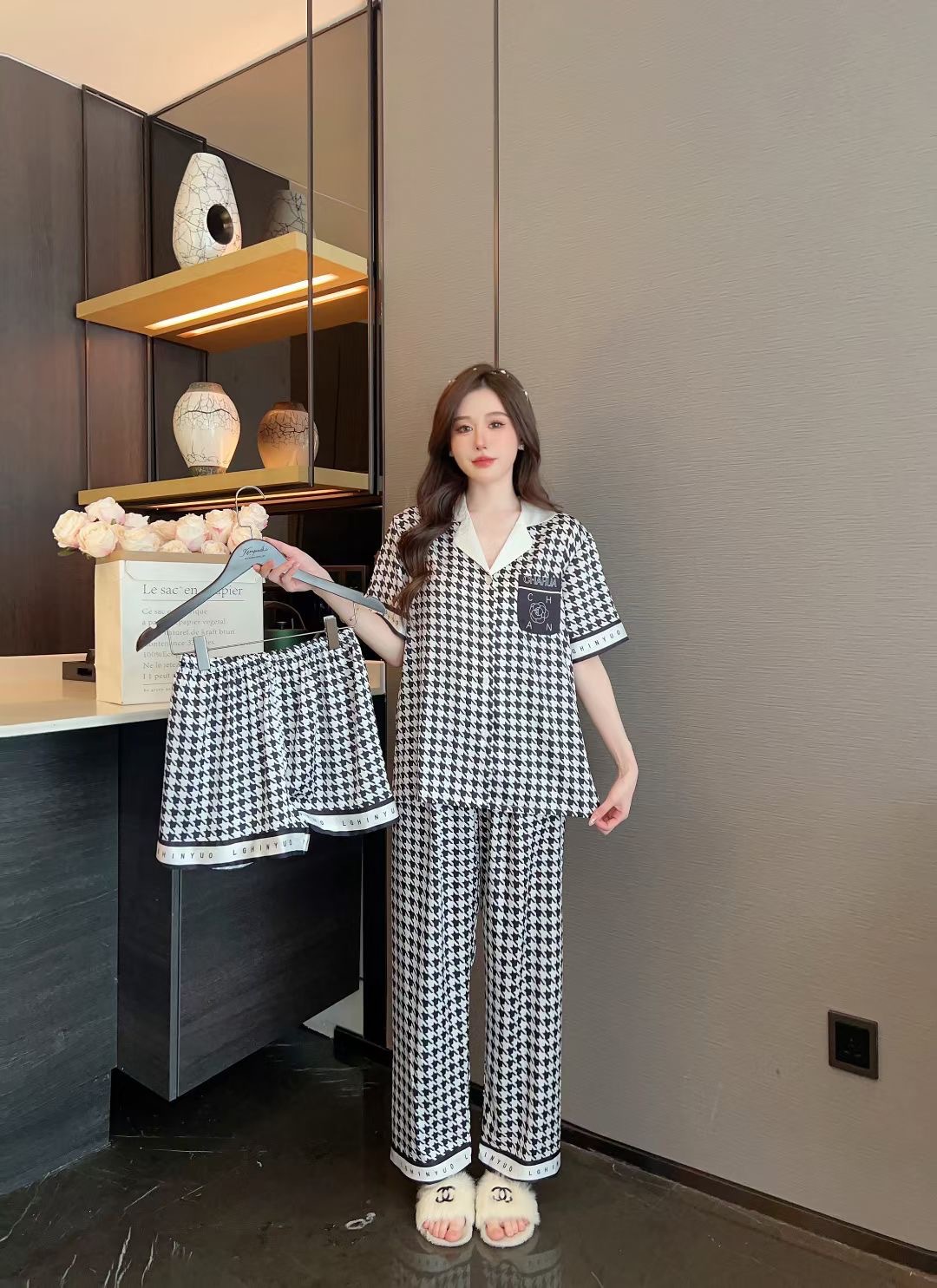 2023夏季千鸟格家居服冰丝绸睡衣女开衫短袖长裤装高级感设计