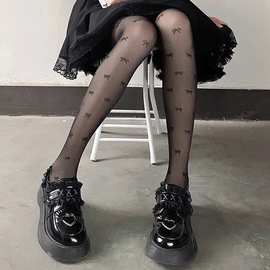 网红性感纯欲风蝴蝶结提印花黑白色连裤丝袜子女春夏季薄款ins潮