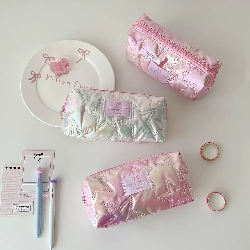 粉嫩少女星星亮面笔袋学生高颜值文具收纳袋外出便携化妆品收纳包