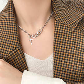 韩国ins风小众轻奢气质女不对称百搭饰品 复古简约十字架吊坠项链