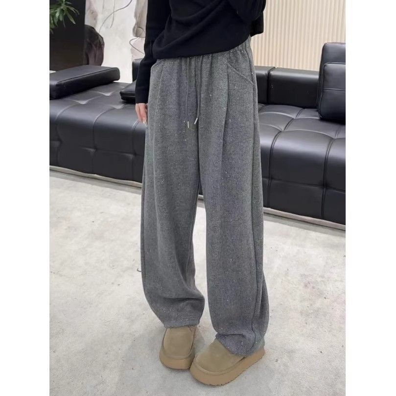 2025亮丝细闪阔腿裤银河撒银工艺冬季加绒加厚高腰抽绳显瘦弯刀裤