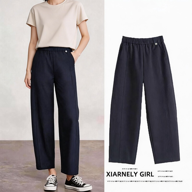 New high-waisted slimming loose straight-leg cropped pants for women, summer plus-size casual pants, black and gray-white New high-waisted slimming loose straight-leg cropped pants for women, summer plus-size casual pants, black and gray-white