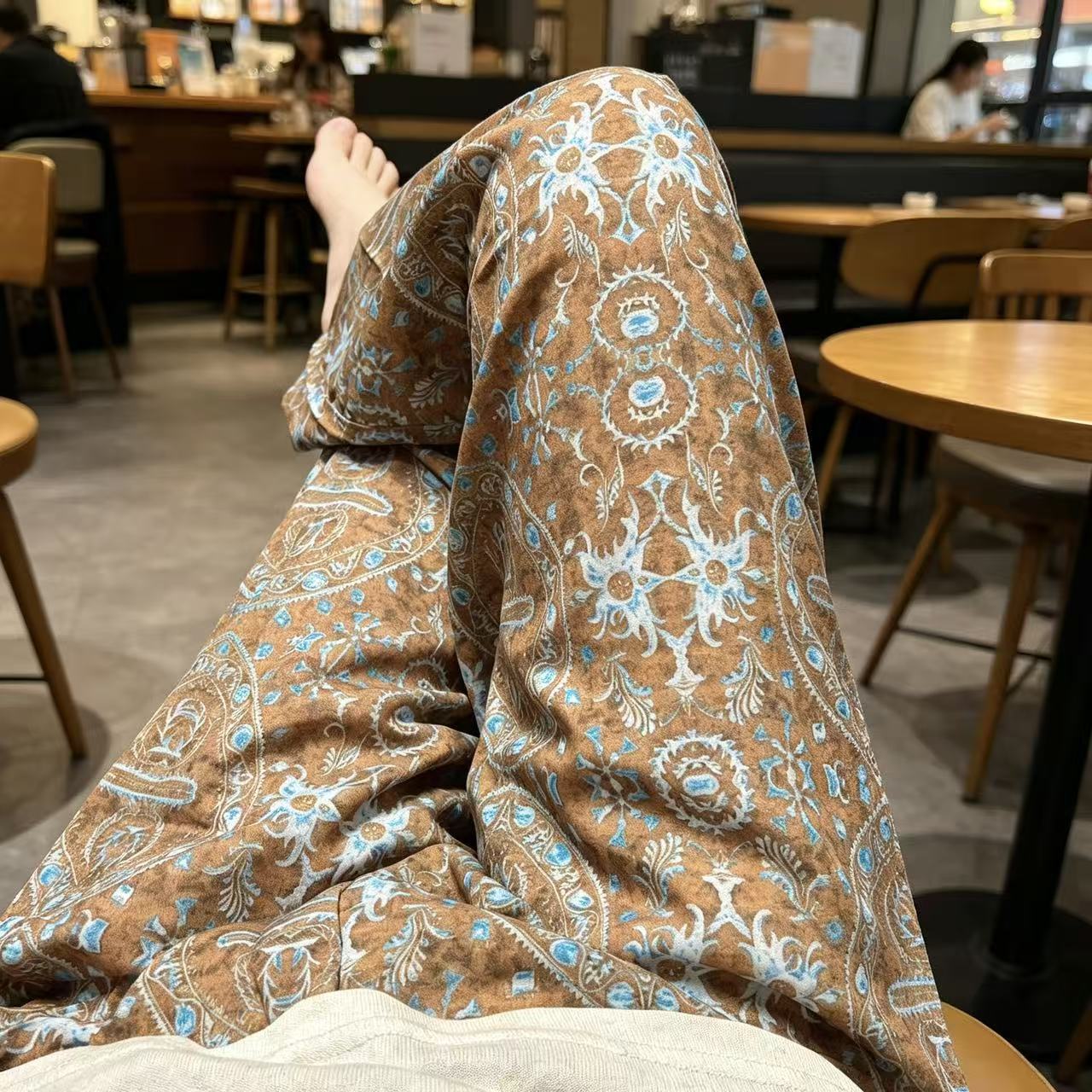 棉绸睡裤女夏薄款九分阔腿裤印花居家可外穿人造棉裤子加大码棉绸