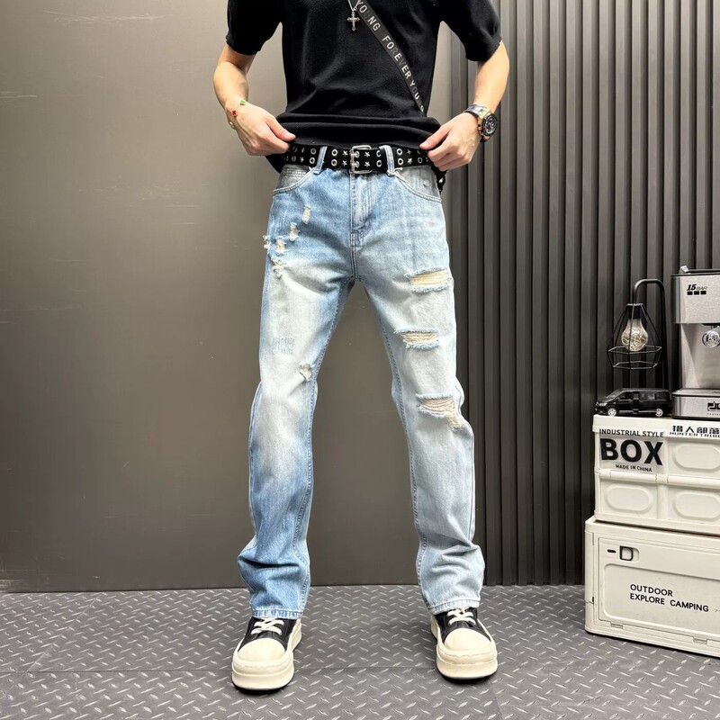 Slim-Fit Men's Ripped Jeans Light Blue Straight-Leg Distressed Jeans Washed Denim Pants 2026 Long Pants Durable Harem Pants