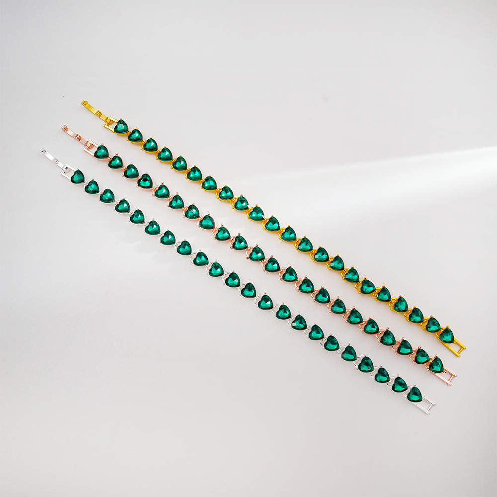 时尚精致女式珠宝心形手链绿色爱心高级感手饰饰品批发合金女手镯