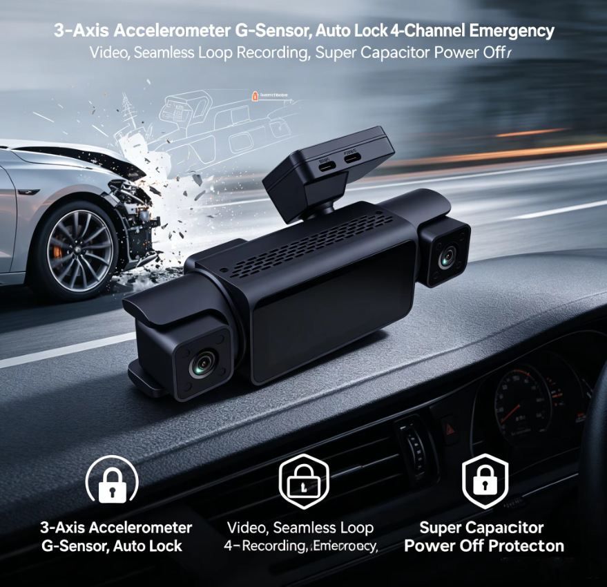 Cross-Border Hot-Selling Four-Channel Panoramic Driving Recorder with 3.4inch Ips High-Definition Display Screen and Four-Way Recording