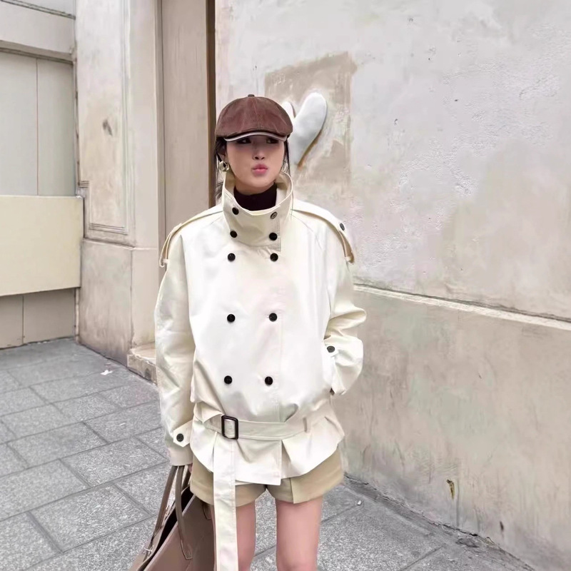 In-Stock 2026 Spring New Style Elegant Stand Collar Curved Shoulder Low Waist Silhouette Long Sleeve Trench Coat for Women, Mid-Length