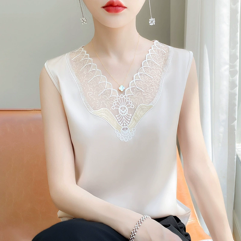 Женская новая футболка без рукавов спины летняя сетка сшитый топ из ледяной шелк подтяжка топ женский свободный воротник 2025v