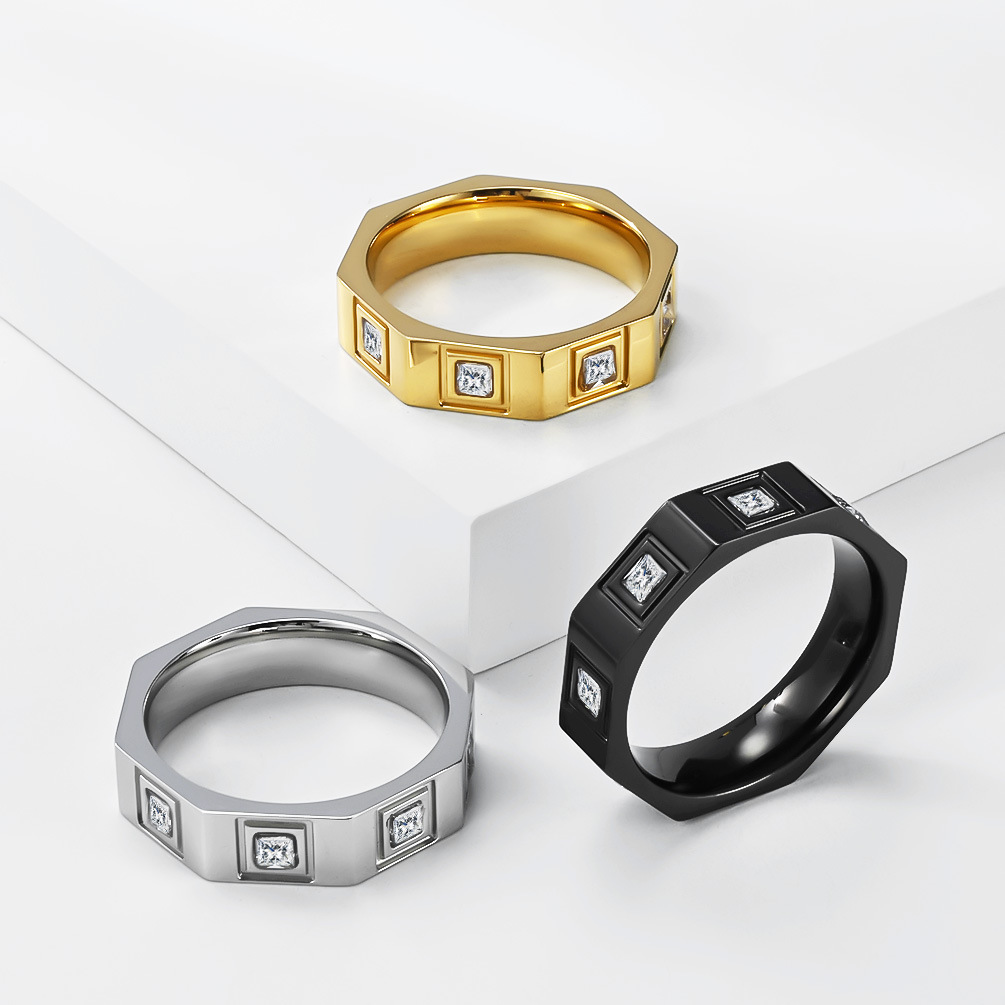 Bague unisexe géométrique à 8 côtés en acier titane sertie de diamants - Bijou de mode haut de gamme_voghion.com