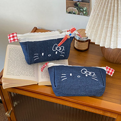 かわいいデニム刺繍鉛筆バッグ、見栄えの良い大容量文具箱、韓国語版漫画学生デスクトップ収納筆箱