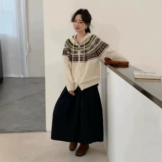 复古费尔岛提花连帽针织开衫女秋冬宽松拉链慵懒百搭毛衣外套新款