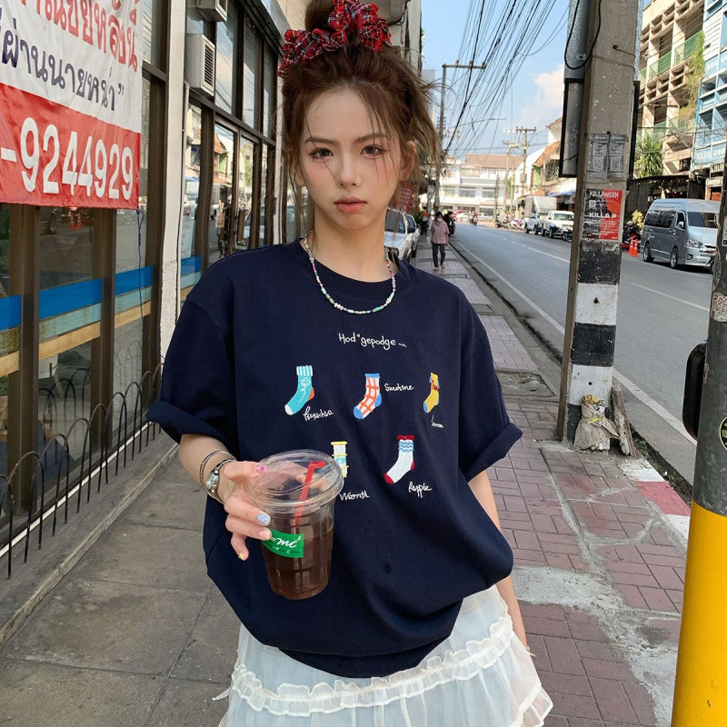 Cotton Small Socks Embroidered Short Sleeve 2025 Spring and Summer New Niche Design Ins Style All-match Loose T-shirt Women