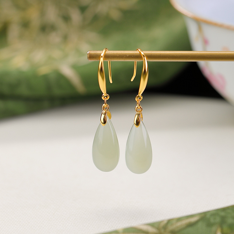 Bông tai nữ bạc S925 đính ngọc Hetian tự nhiên giọt nước retro — Một cặp