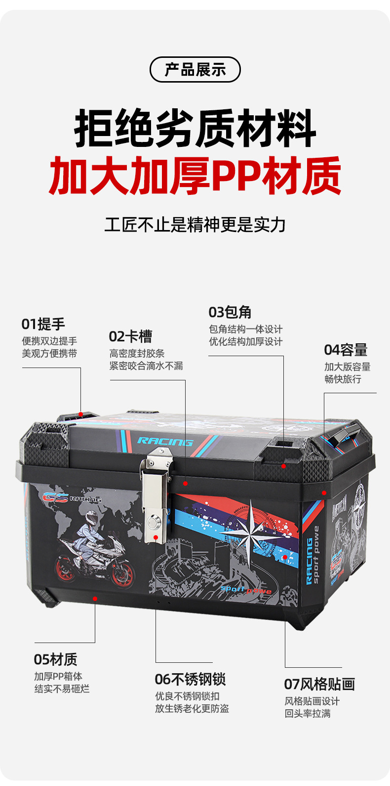 Motorcycle Tail Box with Large Capacity of 66L, Universal Storage Box for Electric Vehicles, Scooter, and Motorcycle
