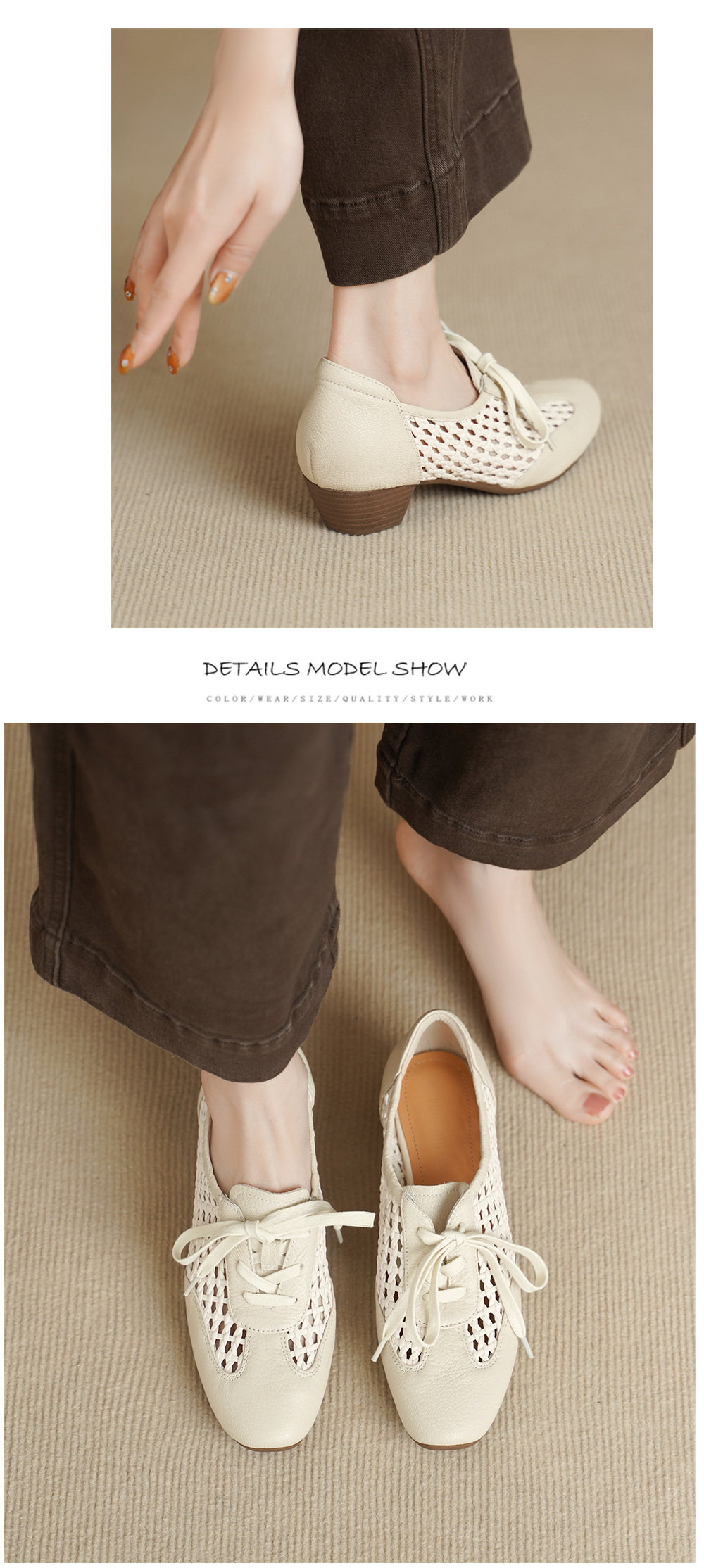 Giày sneaker nữ da cừu lỗ rỗng phong cách DeTrain đế mềm — Vàng nâu chi tiết 9