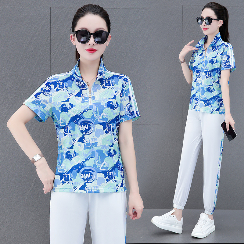 Ice Silk Quick-drying Fashion Printed Casual Sports Suit Women's Summer Half-zipper Vertical Collar Short-sleeved Trousers Two-piece Set