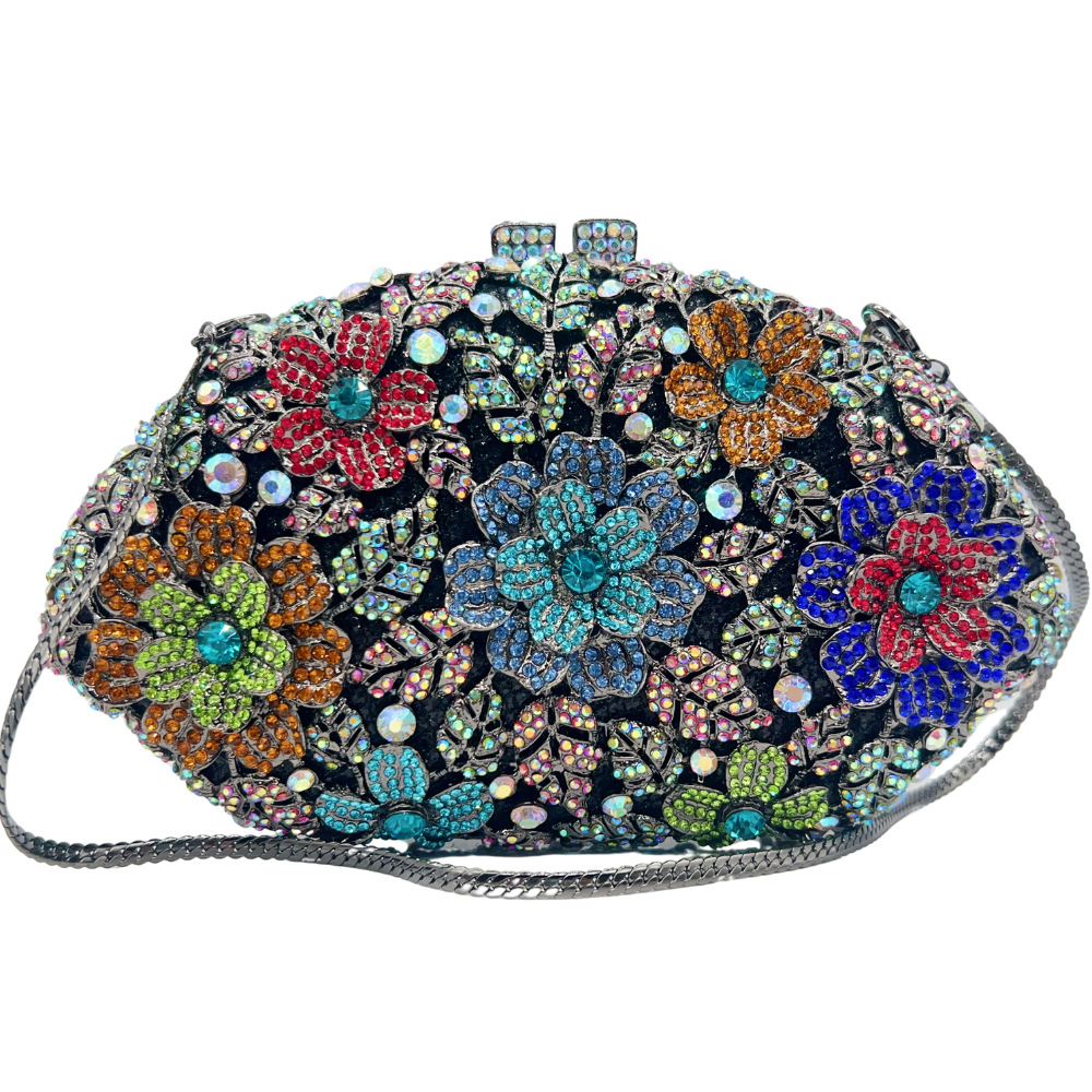 Túi clutch dạ hội cầm tay hoa rỗng nạm kim cương — Màu đen