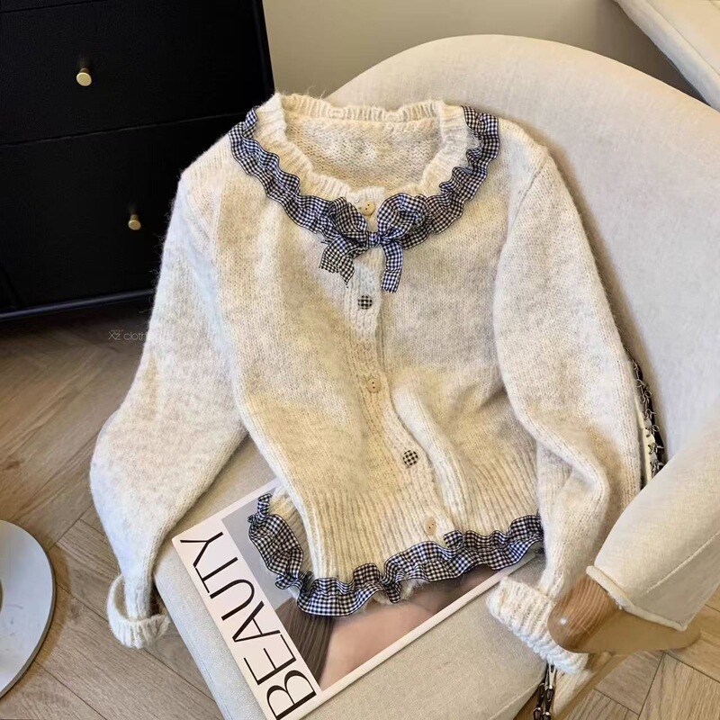 Korean-Style Chic Ruffled Round-Neck Knitted Cardigan for Women, New Autumn Design with Bow Sweater Jacket Korean-Style Chic Ruffled Round-Neck Knitted Cardigan for Women, New Autumn Design with Bow Sweater Jacket