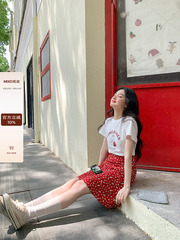 觅定红色碎花雪纺半身裙女夏季新款垂感高腰a字短裙子小个子半裙