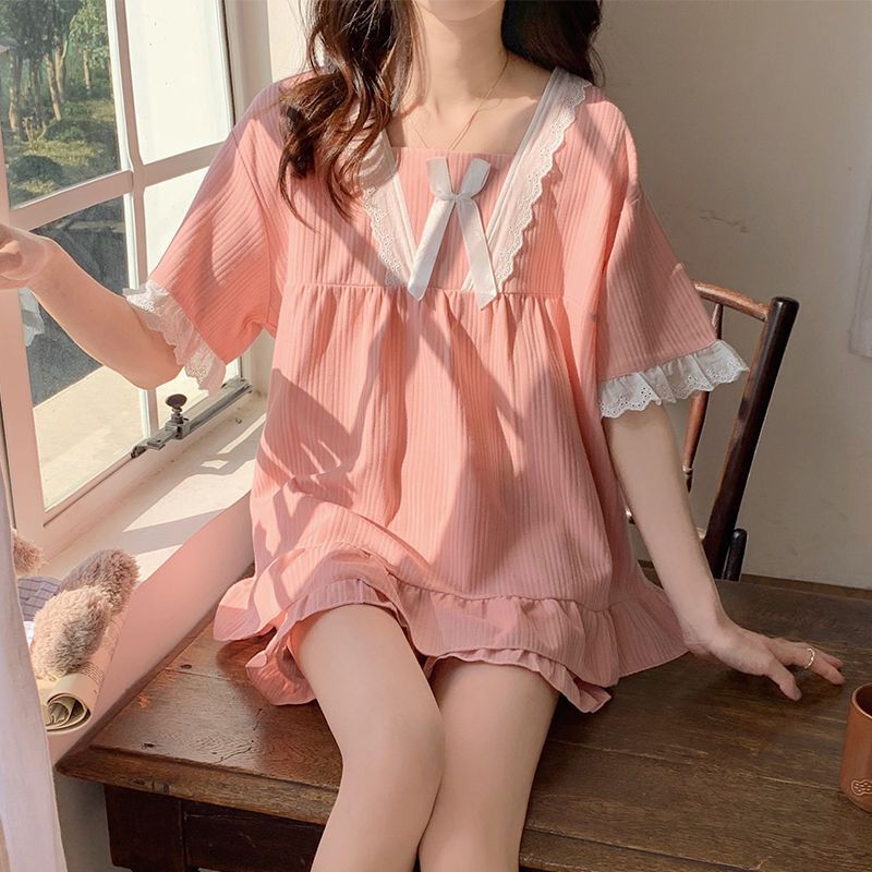 Palace-Style Pajamas for Women, Summer Short-Sleeved with Chest Pads, Korean-Style Square Collar, Sweet and High-End Home Wear for Small People, Two-Piece Set