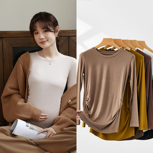 New Autumn and Winter Maternity Dress Pregnant Women's Top Korean Style High Elastic Round Neck Pregnant Women's Base Shirt Top Pregnant Women's Autumn Dress