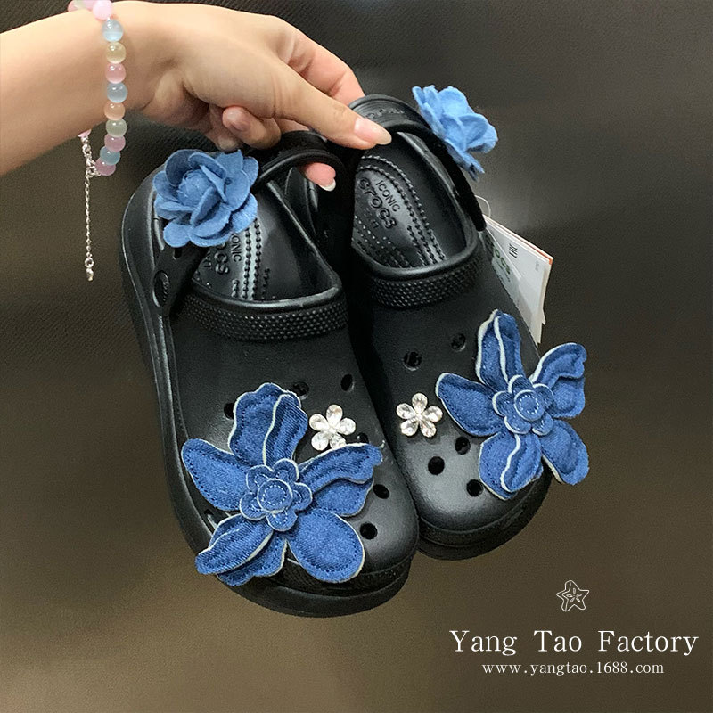 Vaquero Tiancai Vaquero flor hebilla de zapatos con agujeros accesorios de zapatos vaquero azul flor hebilla de zapatos diy desmontable flor