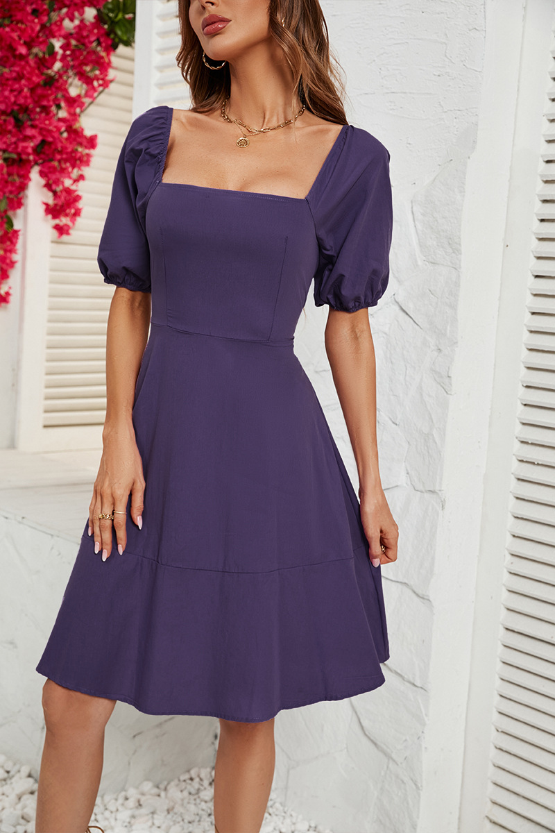2023 Summer New Solid Square Neck Bubble Sleeve Dress for Women_voghion.com